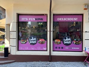 Restaurant's window at FunKink Burgers in Bucharest