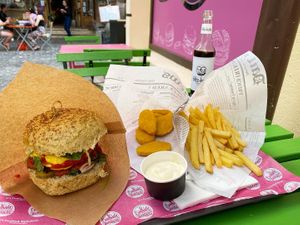 Happy Cow Burger, Nuggets, Fries and garlic dip  at FunKink Burgers in Bucharest