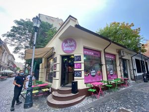 Sit outside in the cobbled streets of the Old City at FunKink Burgers in Bucharest