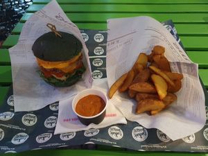Cheeseburger and wedges, tomato basil sauce at FunKink Burgers in Bucharest