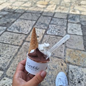 Chocolate with rice milk and fior de latte w/ rice milk at Gelateria Gentile  in Bari