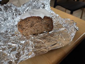 Vegan carrot/parsnip cake-excellent with the sweet frosting balancing the not overly sweet cake  at Woodland Baking and Coffee in Stowe