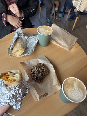 Maple latte, seasonal vegan bar, vegan burrito  at Woodland Baking and Coffee in Stowe