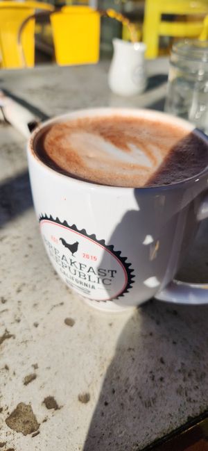 Hot chocolate with oat milk at Breakfast Republic in West Hollywood