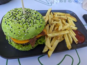 Vegan burger with fries at Hamburgueria Da Ferraria in Sintra