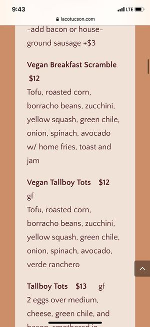 Menu at La Cocina Restaurant and Cantina in Tucson