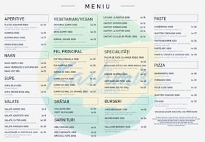 Menu showing vegan options - chickpea curry, okra curry or vegetable korma at Kashmir in Brasov