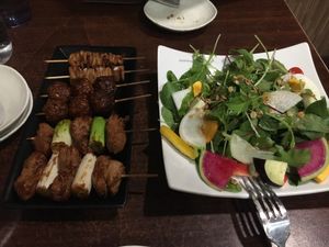 Yakitori and Sweet vinegar dressing salad at Aju in Osaka