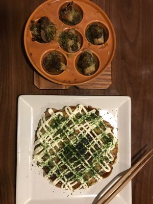 Vegan Okonomiyaki and mushroom escargot at Aju in Osaka