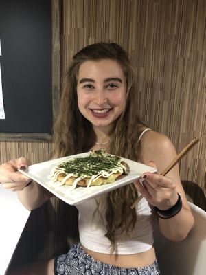 My girlfriend with the Okonomiyaki. at Aju in Osaka