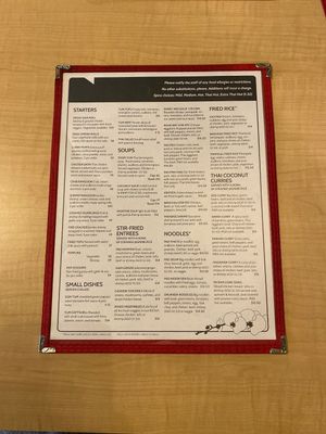 Front of menu  at Siam Square in Indianapolis