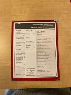 Back of menu  at Siam Square in Indianapolis