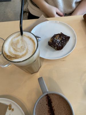 Sea salt brownie and ice coffee  at Le Philtre Café in Quebec