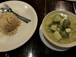 Green Curry with tofu and brown rice at Mut Mee Restaurant in Nong Khai