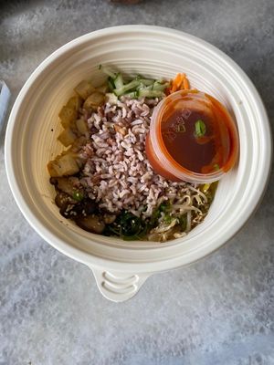 Meal E: Bibimbap
Stir fry spinach, bean sprouts, shiitake mushrooms, pickles, cucumber and carrot served with gochujang (Korean spicy sauce) and brown rice at Chef Dave's PB Kitchen in Kuala Lumpur