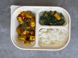 Meal A: Guilt-Free Rendang
Baked potatoes, tempeh and tofu slow cooked in flavourful rendang spice served with braised pucuk manis and parboiled basmathi rice
 at Chef Dave's PB Kitchen in Kuala Lumpur