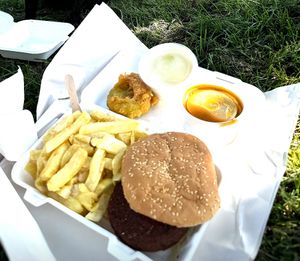 Chips, Vegan burger with lettuce. Pea fritter, curry sauce and pickled onion. £10.60 All tasty!   at The Harbour Chippy in Newquay