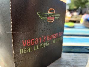 Burger Box with tiers to tear off while eating = no greasy fingers at Vegan's Burger Box in Hoejby