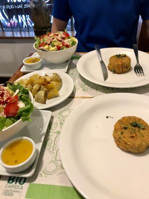 Monday’s special: Quinoa burger with avocado salad, sweet potatoes and green juice at Bio Carioca in Rio De Janeiro