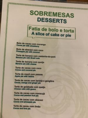 Dessert menu at Bio Carioca in Rio De Janeiro