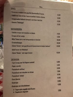 Menu at Klein Zwitserland in Zwalm