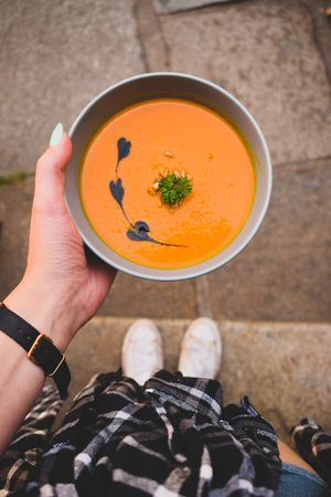 Soup from sweet potatoes, coconut milk and curry. at Drunken Coffee in Cesky Krumlov