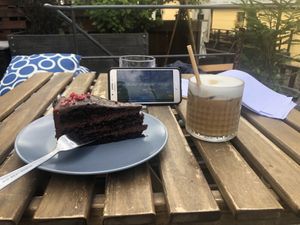 Raspberry chocolate cake and ice cappuccino   at Drunken Coffee in Cesky Krumlov