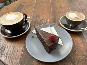 Latte, capuchino and chocolate cake.  Yum!  at Drunken Coffee in Cesky Krumlov