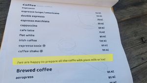 No extra fees for plant based milk at Drunken Coffee in Cesky Krumlov