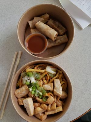 Tofu chow mein and vegetable spring rolls at East Street by Tampopo - Kiosk in Manchester