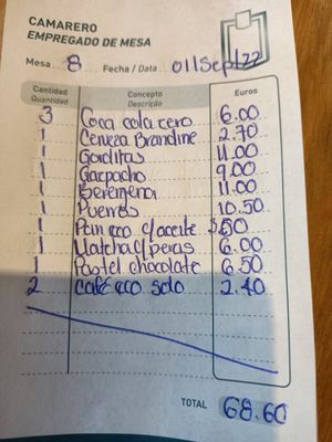 Cuenta (nos prepararon todos los platos para dos - ejemplo: nos pusieron un bol de gazpacho como el de la foto a cada uno) at Ruda in Villacarriedo