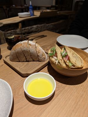 bread with olive oil, mexican tacos at Ruda in Villacarriedo