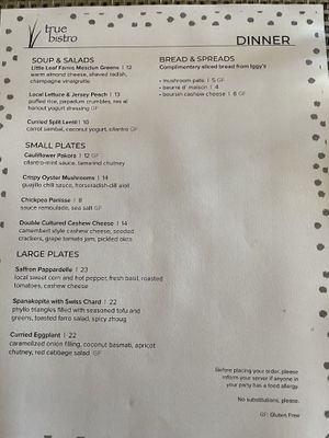 Menu at True Bistro in Somerville