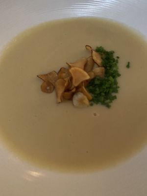 Parsnip soup with parsnip crisps.  Excellent  at True Bistro in Somerville