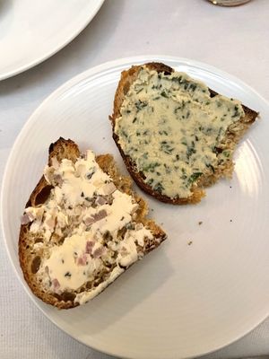 Bread and vegan Boursin cheese and a shallot, lemon, thyme butter! Delicious!!  at True Bistro in Somerville