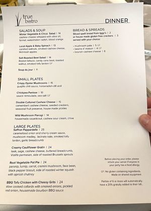 Our menu! Keep in mind that it changes, so check ahead of time if you want to know your options.   at True Bistro in Somerville