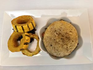 Root vegetable pot pie and squash with apricot chutney. The chutney had a spicy cinnamon flavor. We wished the pot pit had gravy, but the flavor was 10/10  at True Bistro in Somerville