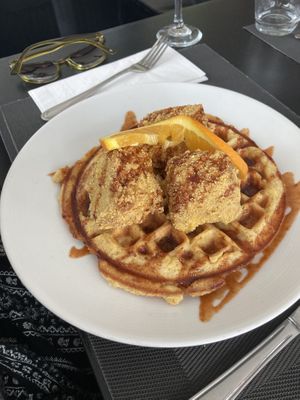 Battered tofu and waffles with chili agave   at True Bistro in Somerville