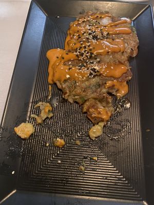 Sorry we started eating this before pick! But the Korean Brussel Cakes. 4/5! Super unique and great taste. Just a little bit mushy but super good otherwise.   at True Bistro in Somerville