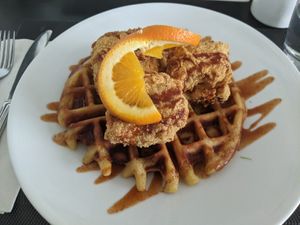 Buttermilk fried tofu and waffles at True Bistro in Somerville