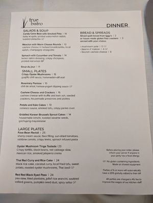 Dinner menu at True Bistro in Somerville