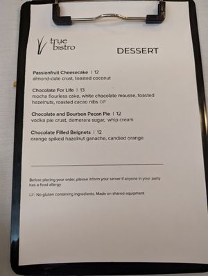 Dessert menu at True Bistro in Somerville