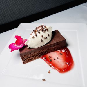 Chocolate for Life. Mocha flourless cake, white chocolate mousse, roasted cacao nibs  at True Bistro in Somerville