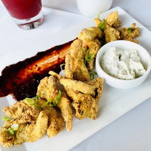 Crispy Oyster Mushrooms. guajillo chili sauce, horseradish-dill aioli  at True Bistro in Somerville