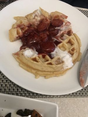Waffle with strawberry compote  at True Bistro in Somerville