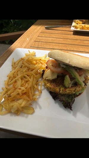 Homemade  Veggie burger on a homemade steamed vegan bun, even vegan cheese is homemade  #Veganuary at Konstanz in Cozumel