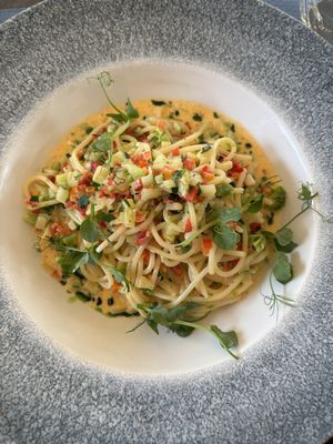 Pasta with coconut milk and vegetables  at Majorenhoff in Jurmala