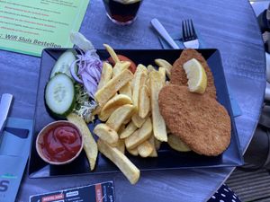 Schnitzel vegetarische slager met friet  at Bosbrasserie In de Sluis in Well