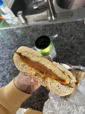 everything bagel with vegan ham, vegan egg, and vegan cheese😄  at Seize the Bagel - Orchards in Vancouver
