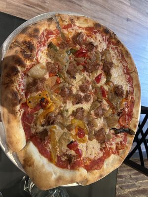 Salsiccia and Roasted Pepper Pizza. Great and I especially loved the vegan sausage.  at Pizzeria Enzina in Waltham